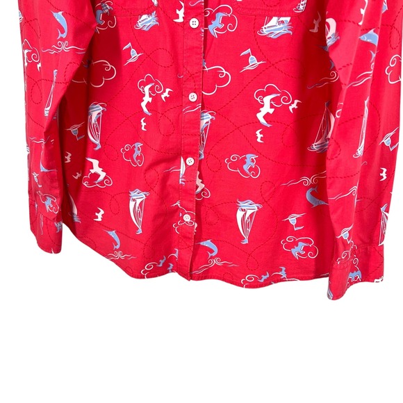 LL Bean Women Large Long Sleeve Coral Pink Birds Ocean Sailing Blouse Shirt Top - Picture 7 of 8